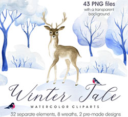 43张高清透明的北欧风冬季树木/云彩/鸟/鹿/花圈等PNG图片：Winter Tale. Watercolor